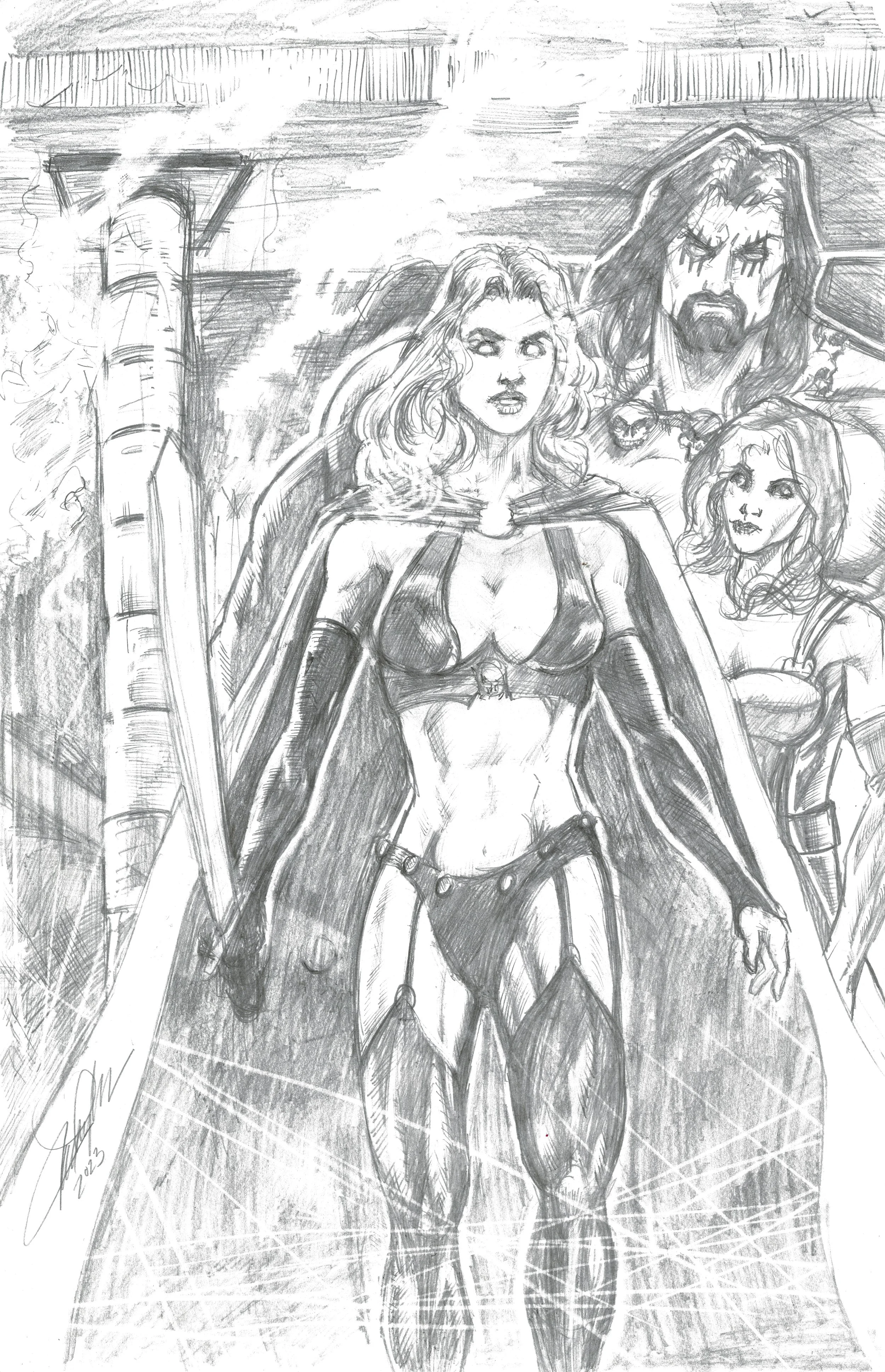 Lady Death Team 11 x 17 Pencil Sketch Art - Collector's Edition by